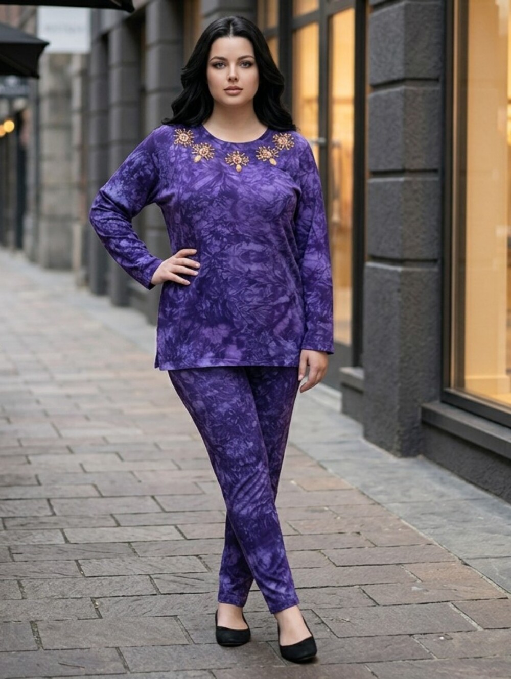 Vtg Mirage Purple Bedazzled Pant Suit "Wearable Art" Hand-Dyed Depth Sunburst OS